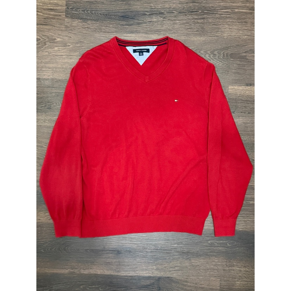 Tommy Hilfiger Sweater Men XL Red V Neck Pullover Logo - Picture 1 of 7
